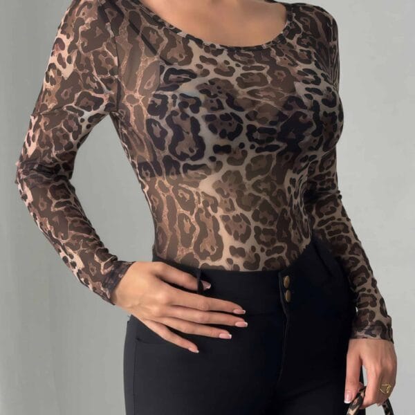 Leopard Print Mesh Long-Sleeve Top