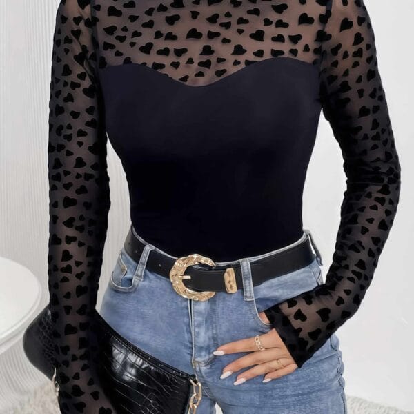 Leopard Heart Mesh Long Sleeve Top