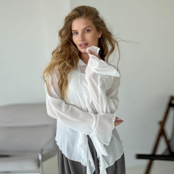 White Ruffle Blouse with Tie-Front Design
