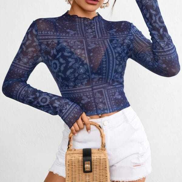 Navy Paisley Mesh Long Sleeve Top