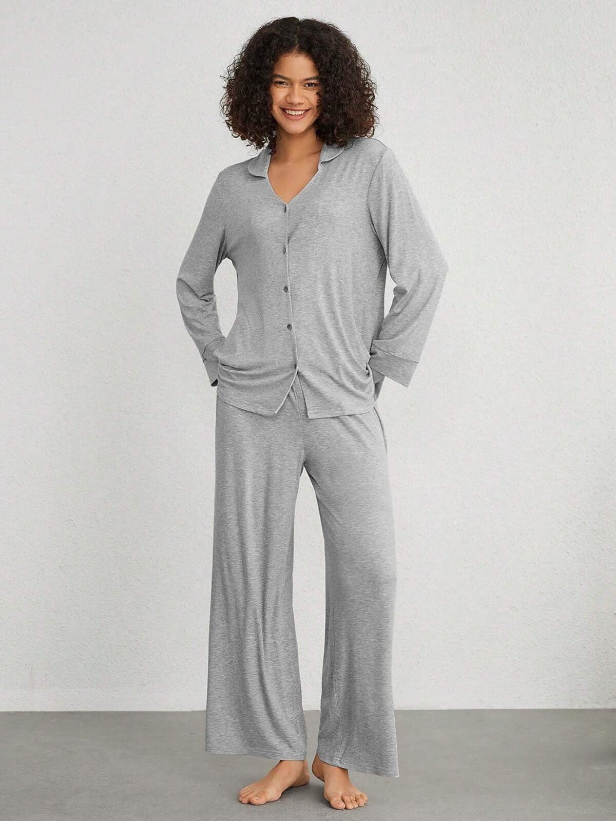 2 Piece Outfits for Women Button Down Shirts with Wide Leg Pants Knit Sets - Image 5