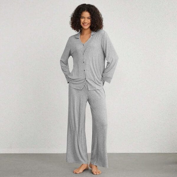 2 Piece Outfits for Women Button Down Shirts with Wide Leg Pants Knit Sets