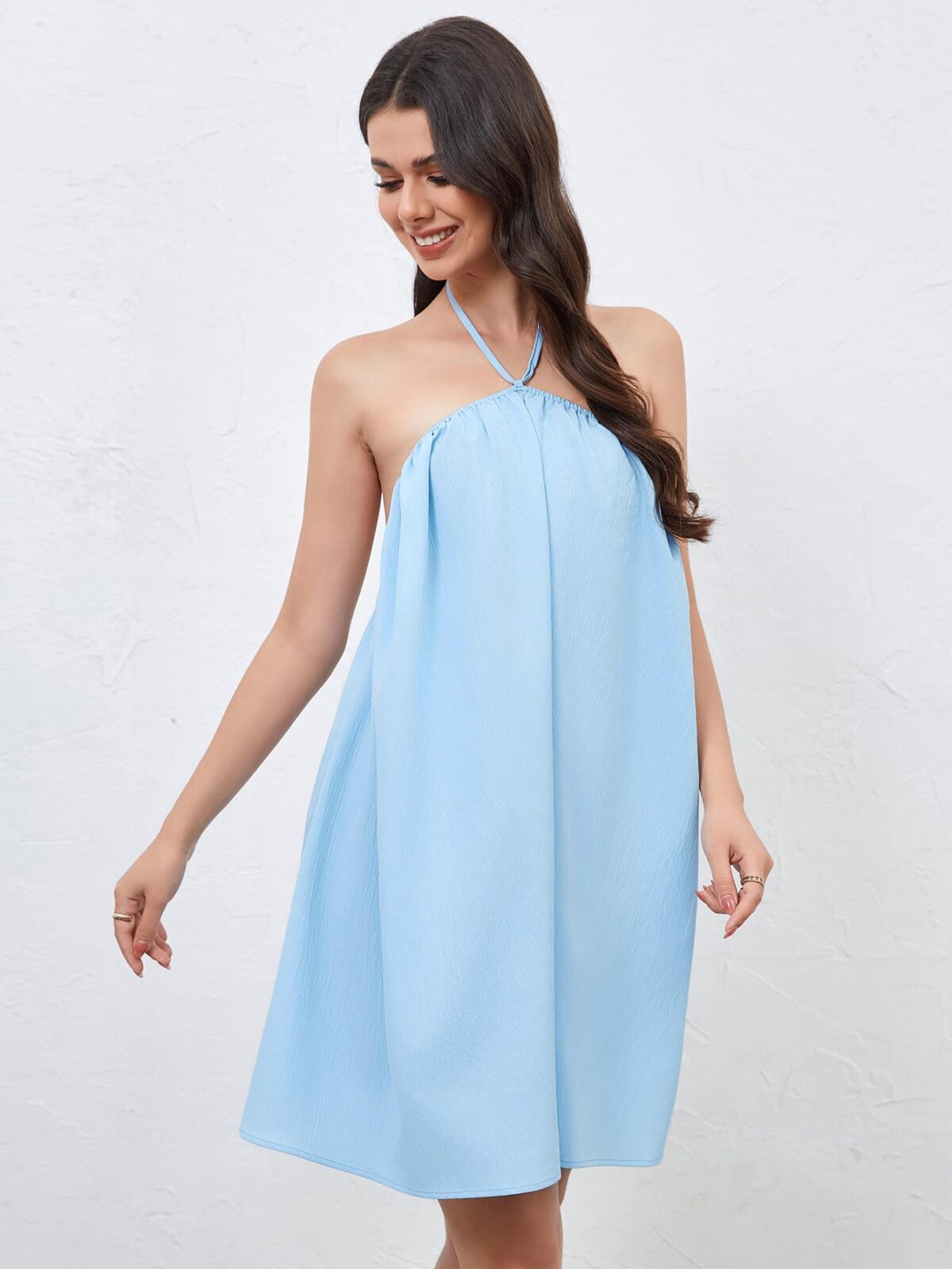 Blue Halter Neck Sleeveless Tie-Ups Detail A-Line Dress - Image 2