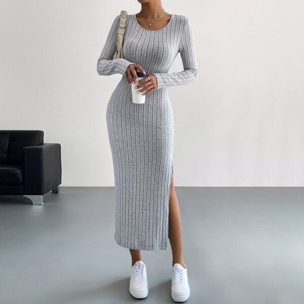 Ribbed Knit Drawstring Hooded Bodycon Dress