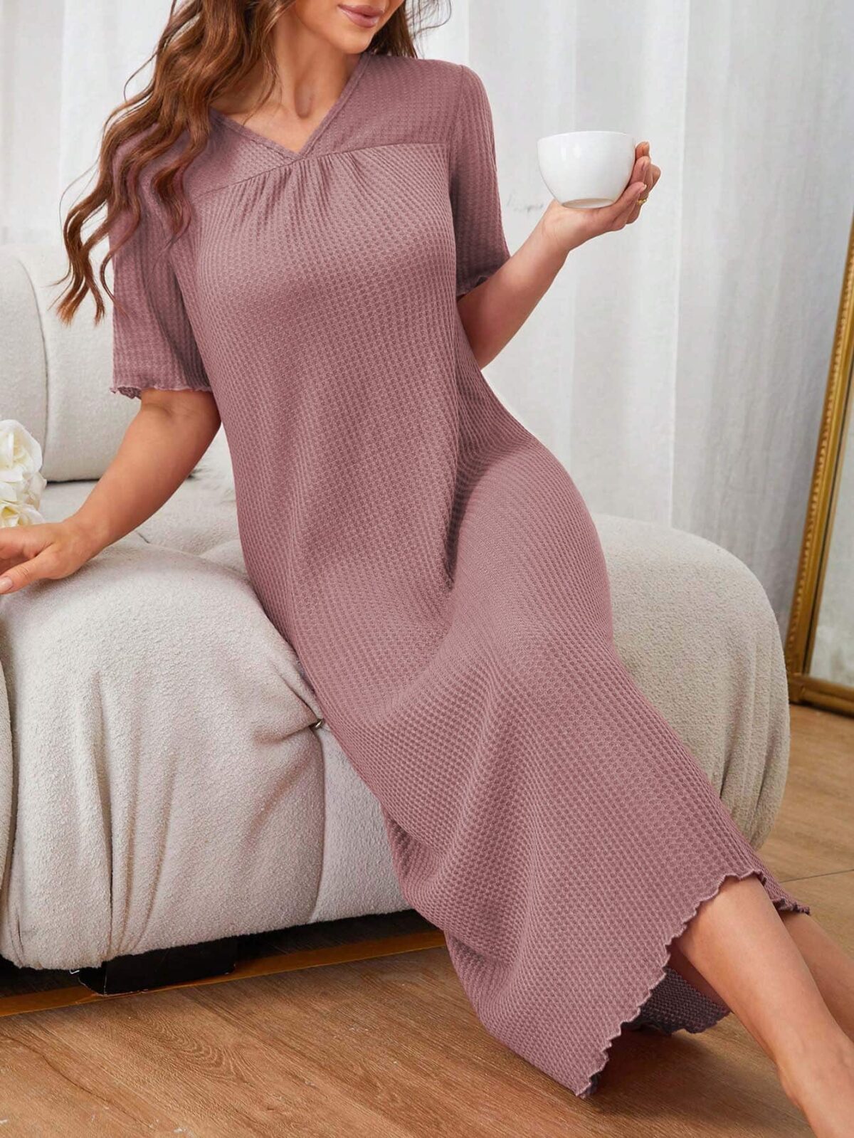 Women Summer Solid Color V-Neck Short Sleeve Home Clothes Loose Long Dress - Image 3