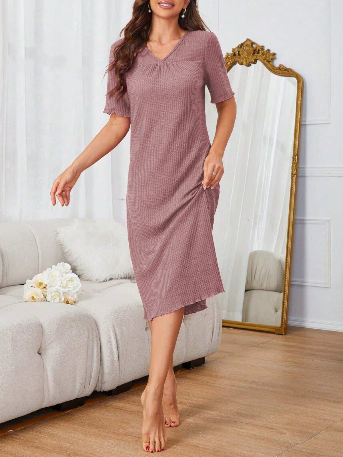 Women Summer Solid Color V-Neck Short Sleeve Home Clothes Loose Long Dress