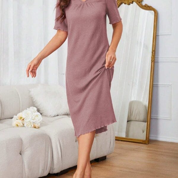 Women Summer Solid Color V-Neck Short Sleeve Home Clothes Loose Long Dress