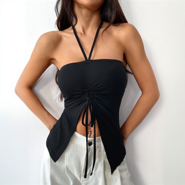 Svart Halter Crop Top med knytdetaljer framtill