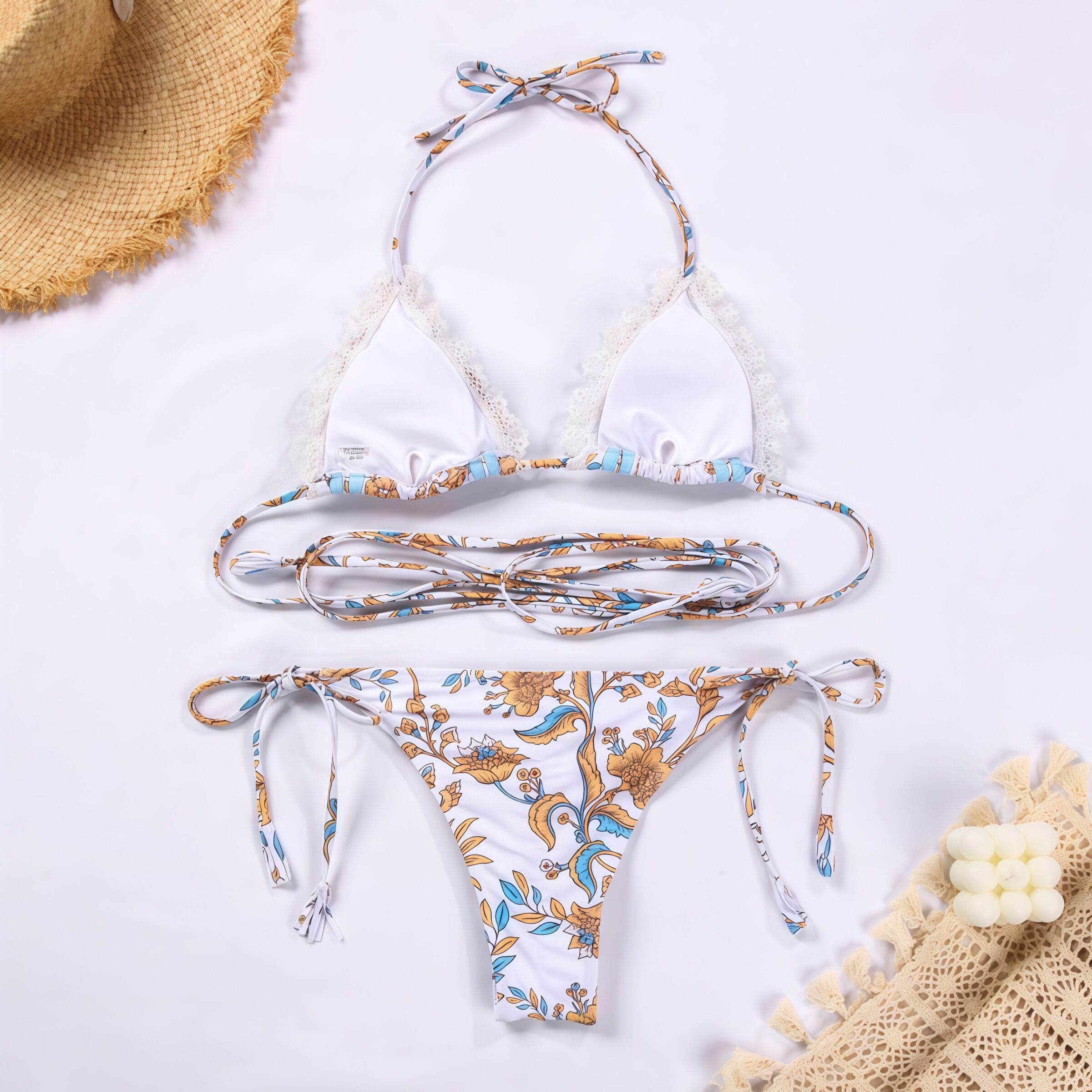 Sexy webbing patchwork lace tie printed bikini - Image 5