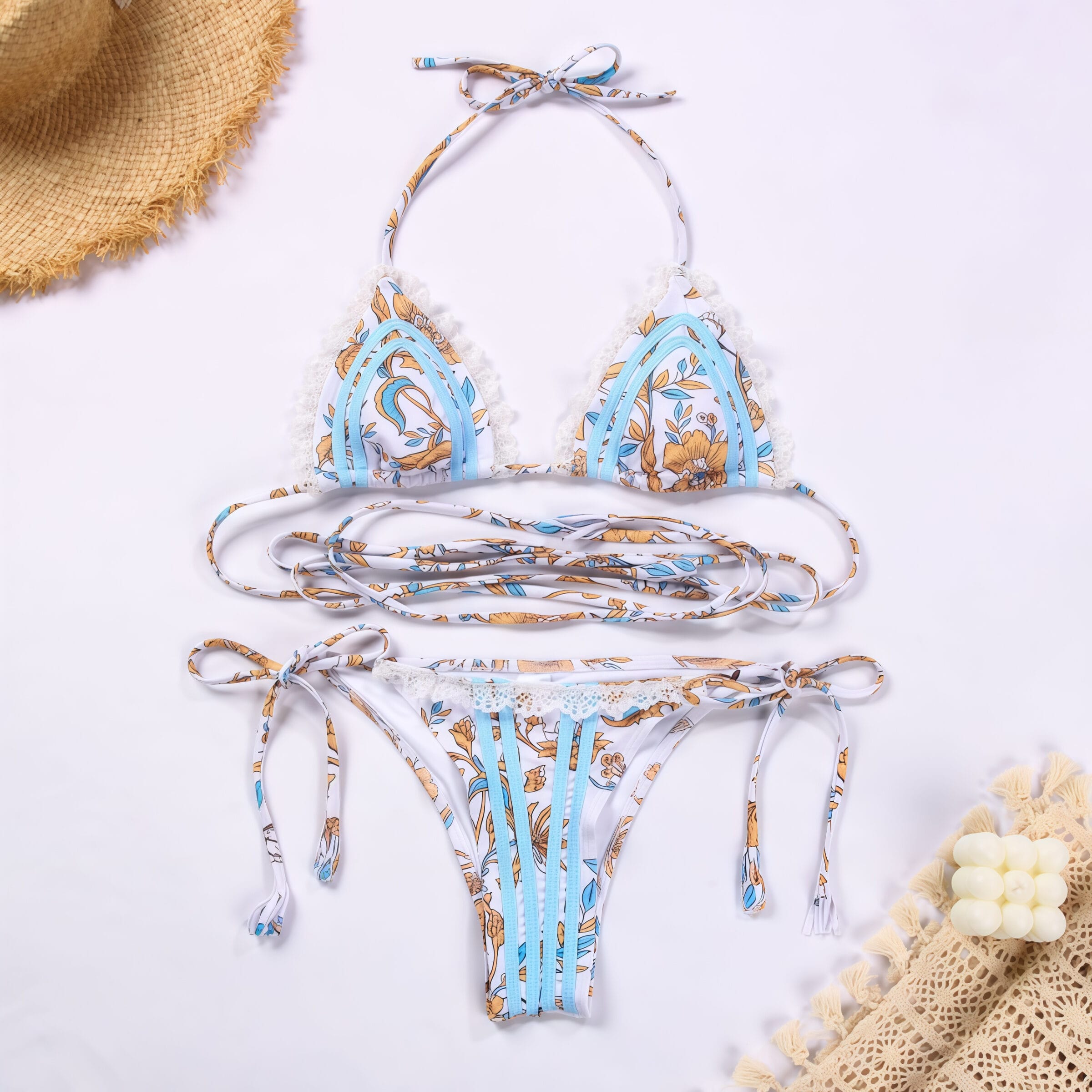 Sexy webbing patchwork lace tie printed bikini - Image 4