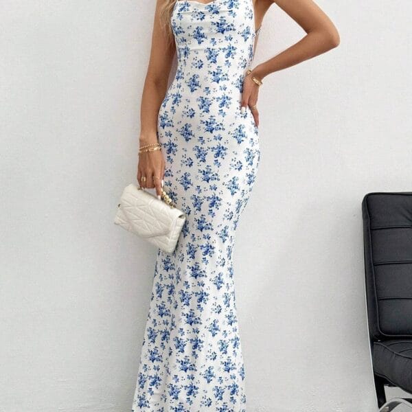 Blue Floral Maxi Dress with Spaghetti Straps