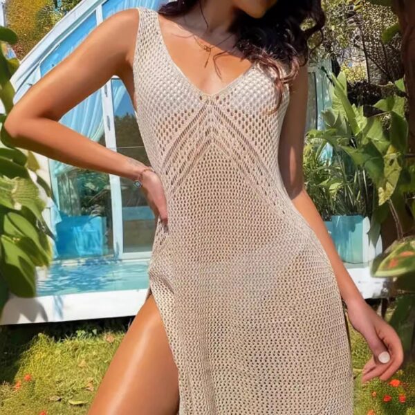 V-Neck Sleeveless Hollow Dress - Solid Color Style