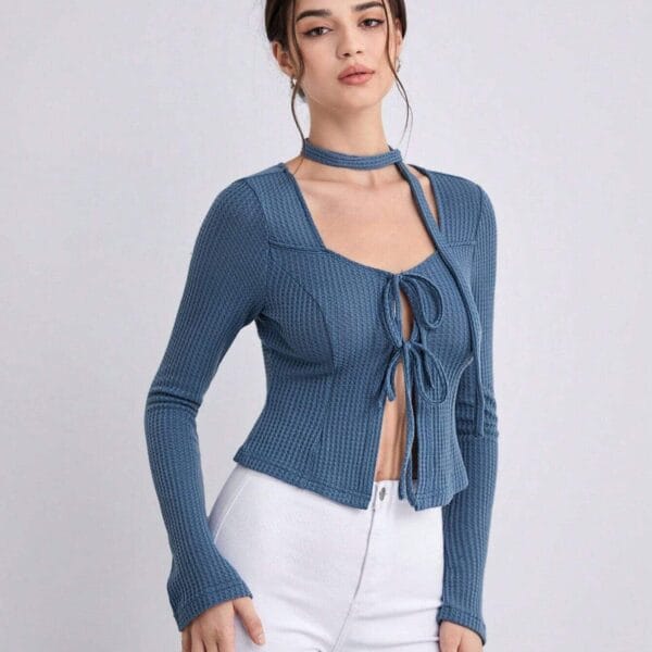 Blue Tie-Neck Long-Sleeve Crop Top