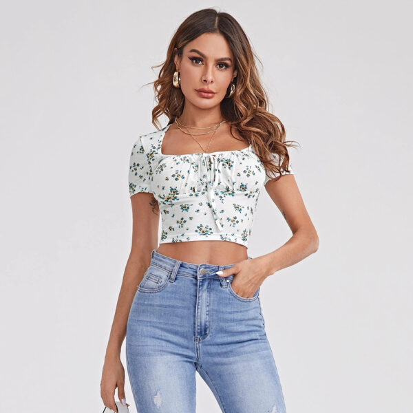 White Floral Square-Neck Crop Top