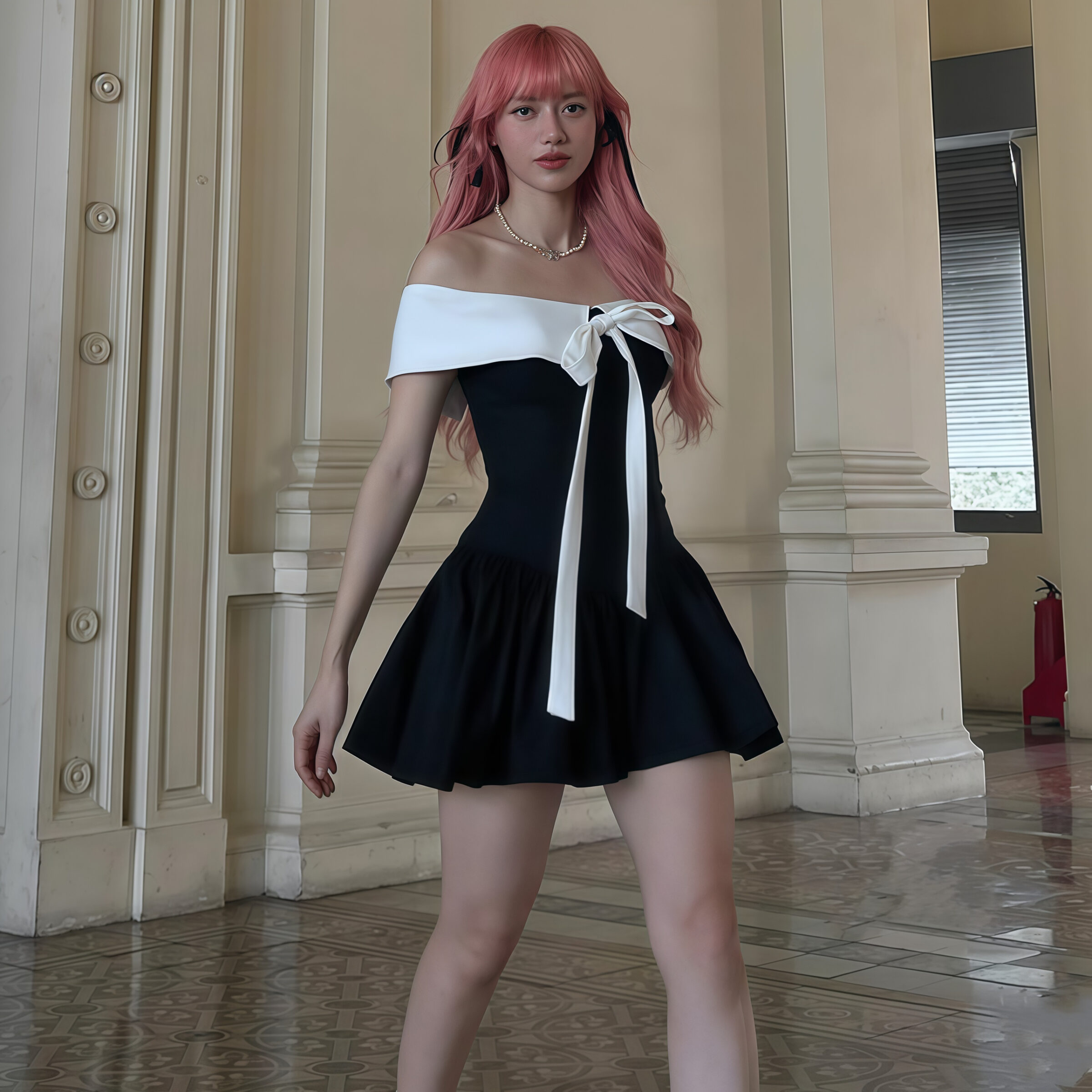 Black Off-Shoulder Mini Dress with Bow Detail - Image 3