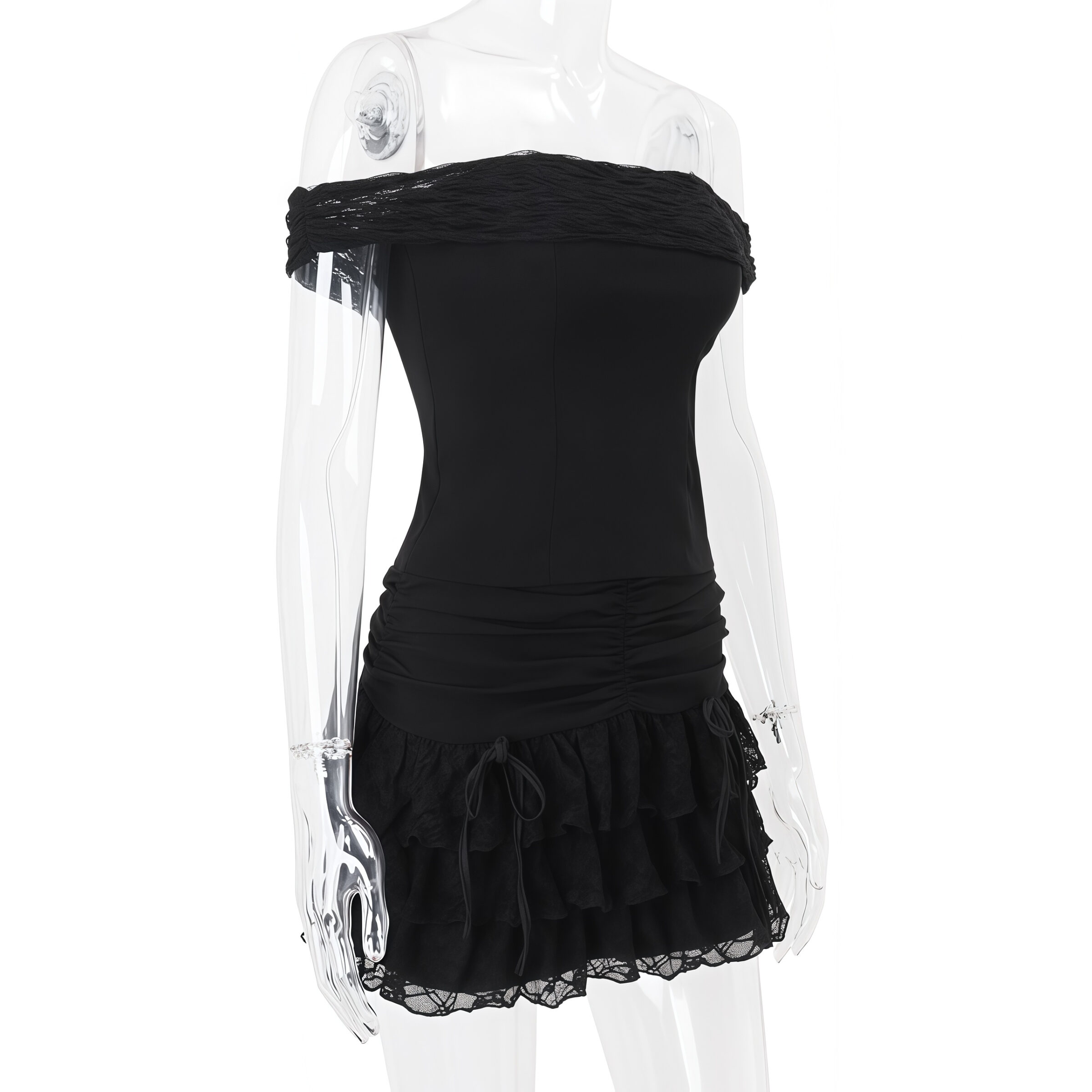 Black Off-Shoulder Ruffle Mini Dress - Image 5