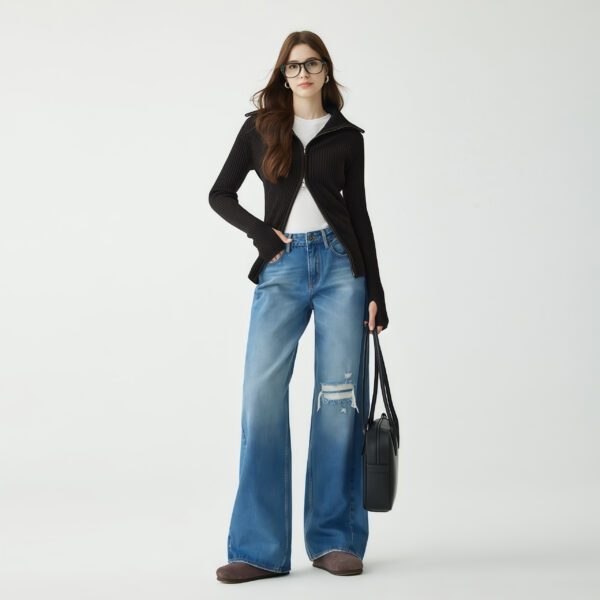 Distressed Wide Leg High Waisted Jeans in Light Blue