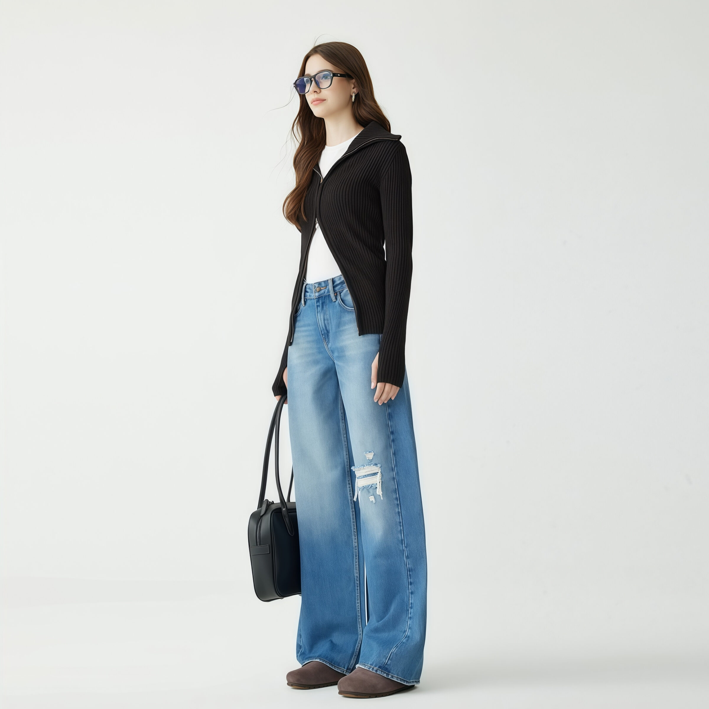 Distressed Wide Leg High Waisted Jeans in Light Blue - Image 2