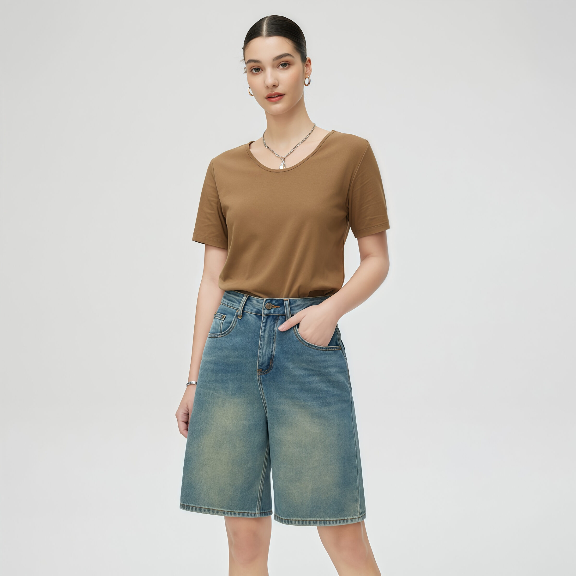 High-Waisted Light Blue Denim Shorts - Imagen 4