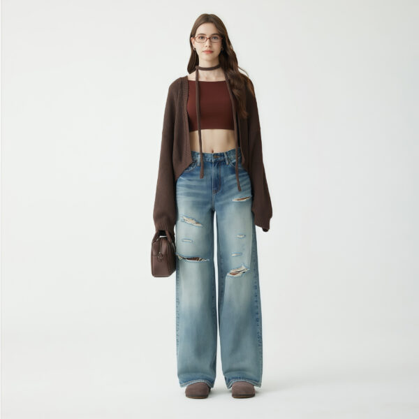 High-Waisted Ripped Light Blue Wide-Leg Jeans