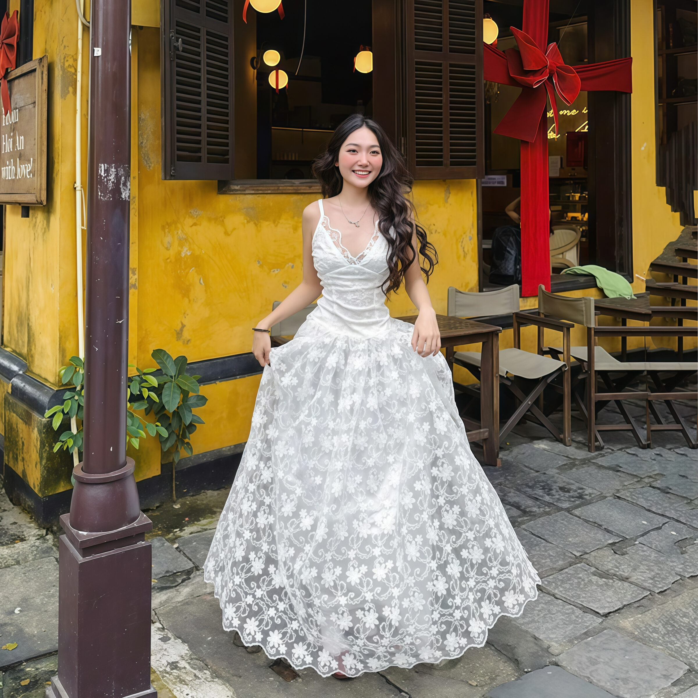 Lace Maxi Dress with Floral Embroidery