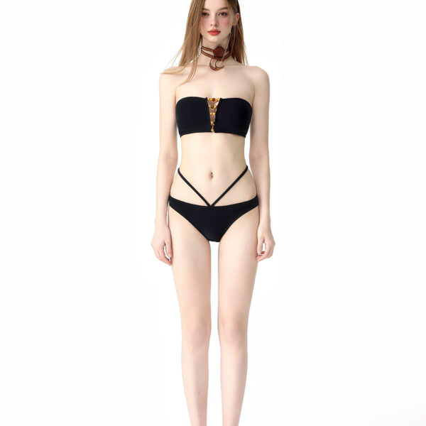 Chic Black Strapless Bikini with Ruched Skirt