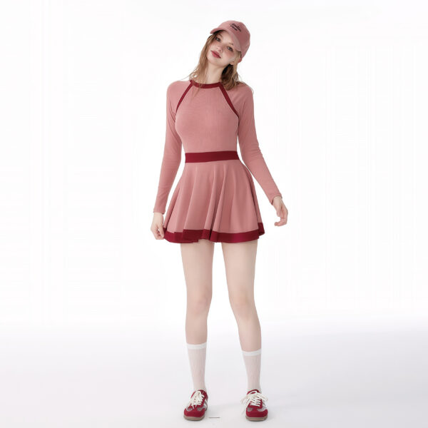 Pink Long Sleeve Skirted Swimsuit