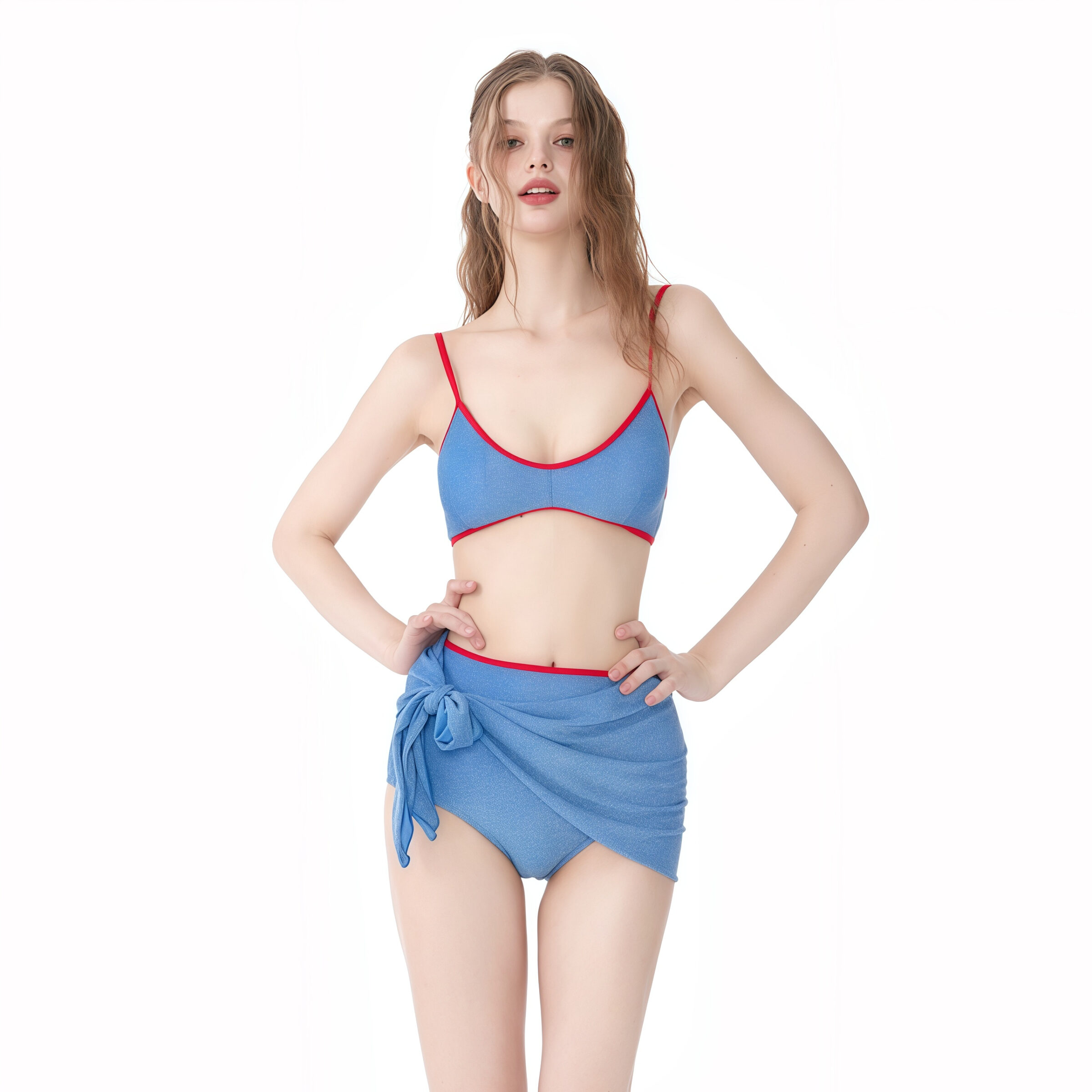 Stijlvol Blauw en Rood Geribd Tweedelig Zwempak