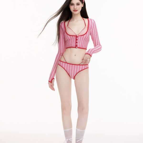 Pink and white striped bikini set with a cropped top featuring button detail and matching bottom with a playful and stylish design.