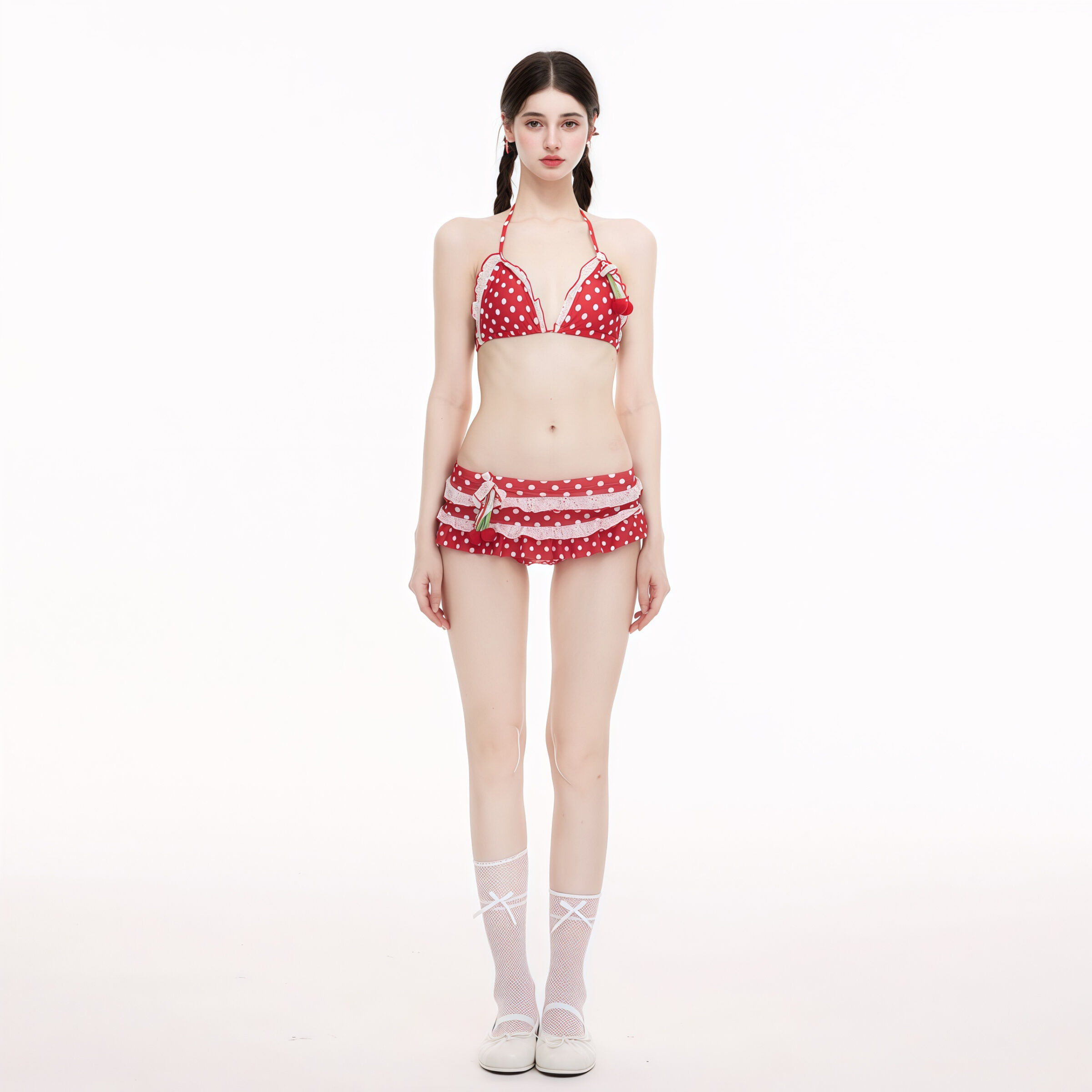 Bikini rouge à pois avec une jupe ornée d'un nœud, idéal pour un look de plage ludique et féminin.
