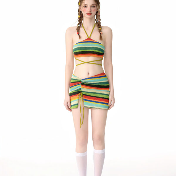 Colorful striped bikini set with a halter top and matching skirt, featuring a playful and vibrant design.